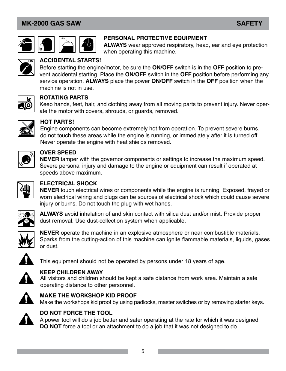 Mk-2000 gas saw safety | MK Diamond MK-2000 Gas User Manual | Page 5 / 60