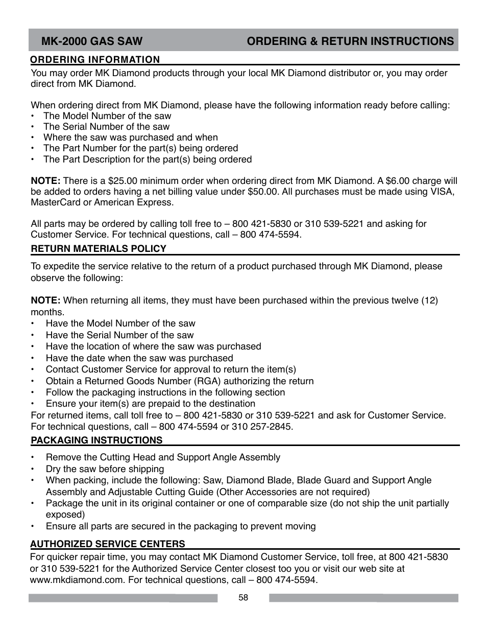 MK Diamond MK-2000 Gas User Manual | Page 58 / 60