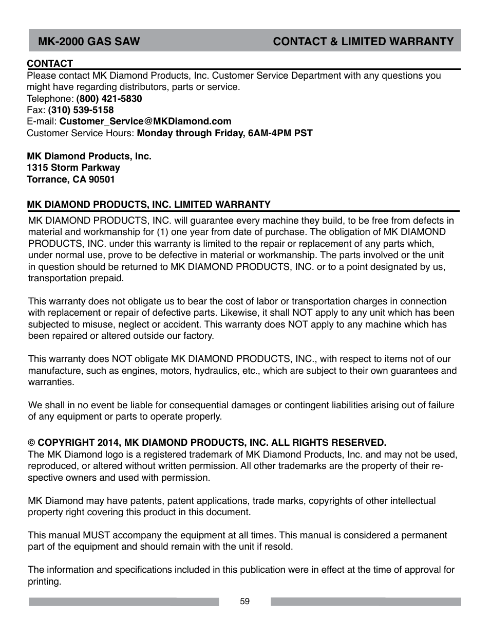 MK Diamond MK-2000 Gas User Manual | Page 59 / 60