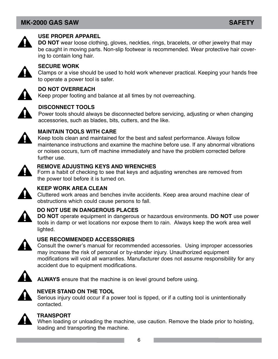 Mk-2000 gas saw safety | MK Diamond MK-2000 Gas User Manual | Page 6 / 60