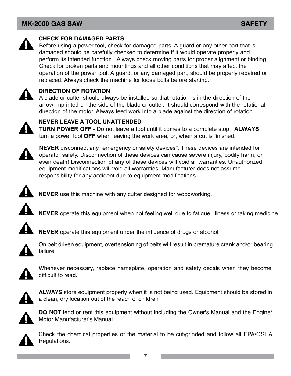 Mk-2000 gas saw safety | MK Diamond MK-2000 Gas User Manual | Page 7 / 60