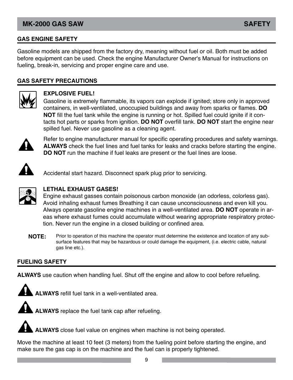 Mk-2000 gas saw safety | MK Diamond MK-2000 Gas User Manual | Page 9 / 60