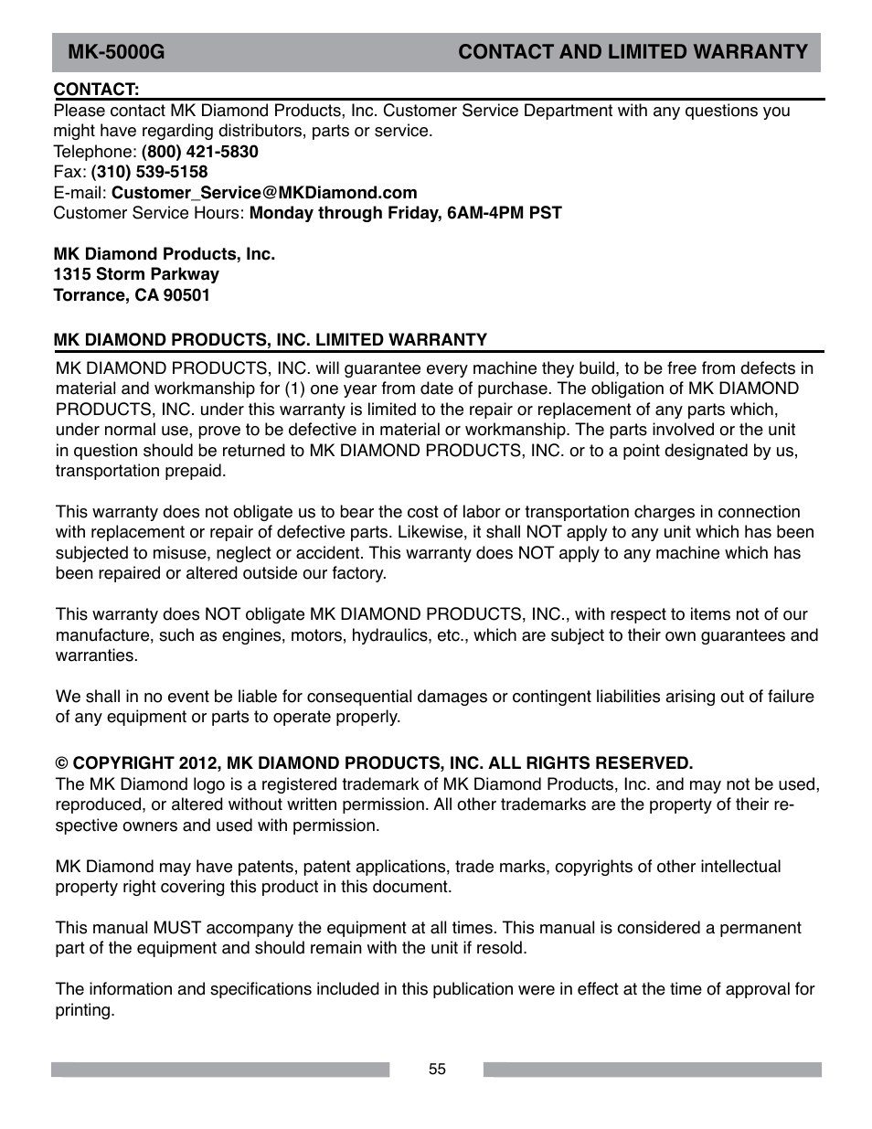 MK Diamond MK-5000 Gas User Manual | Page 55 / 56