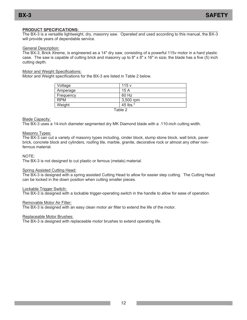 Bx-3 safety | MK Diamond BX-3 User Manual | Page 12 / 36