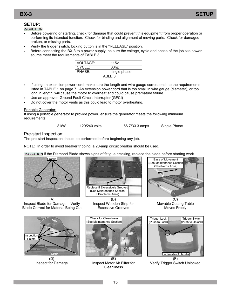 Bx-3 setup, Setup, Pre-start inspection | MK Diamond BX-3 User Manual | Page 15 / 36