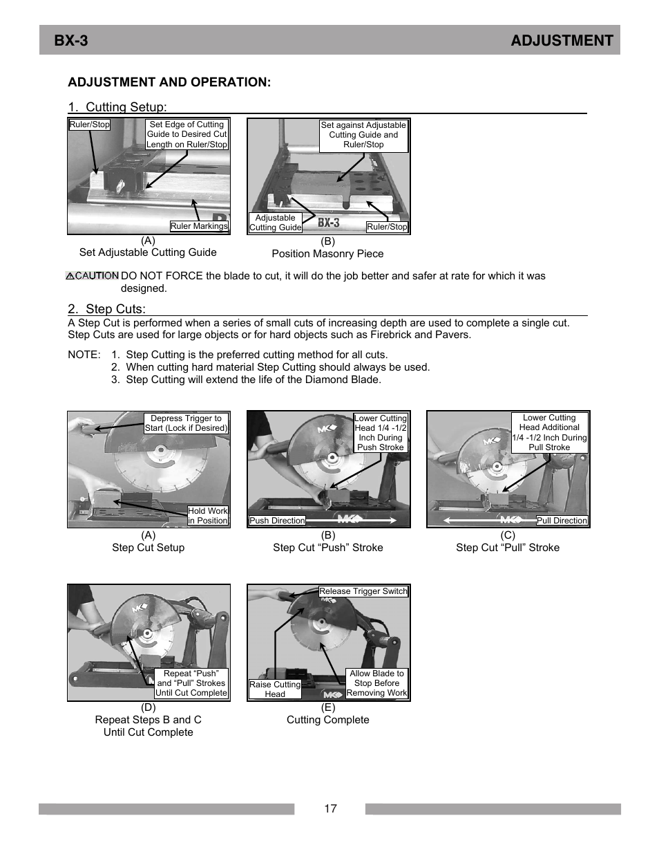 Bx-3 adjustment, Adjustment and operation: 1. cutting setup, Step cuts | MK Diamond BX-3 User Manual | Page 17 / 36