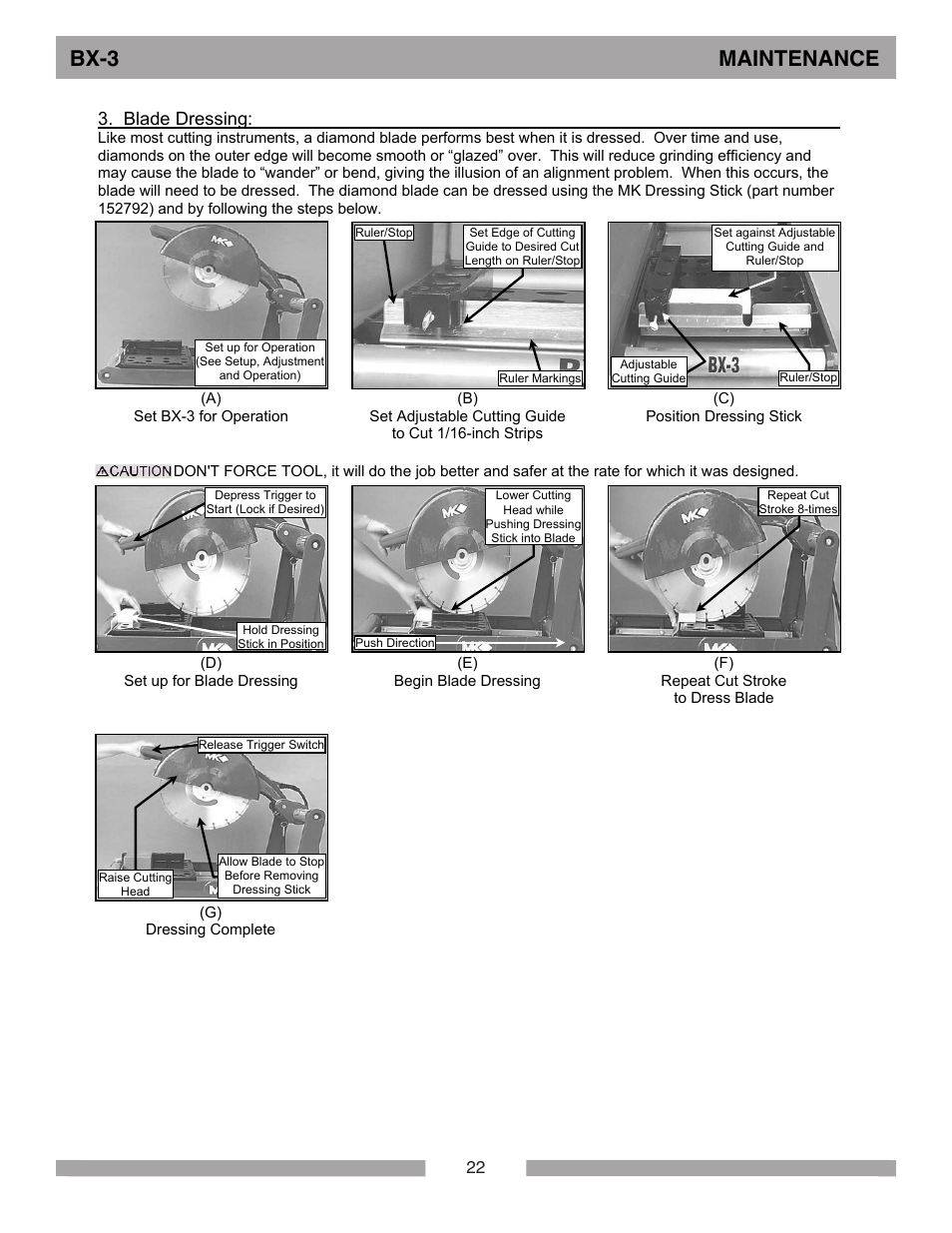 Bx-3 maintenance, Blade dressing | MK Diamond BX-3 User Manual | Page 22 / 36