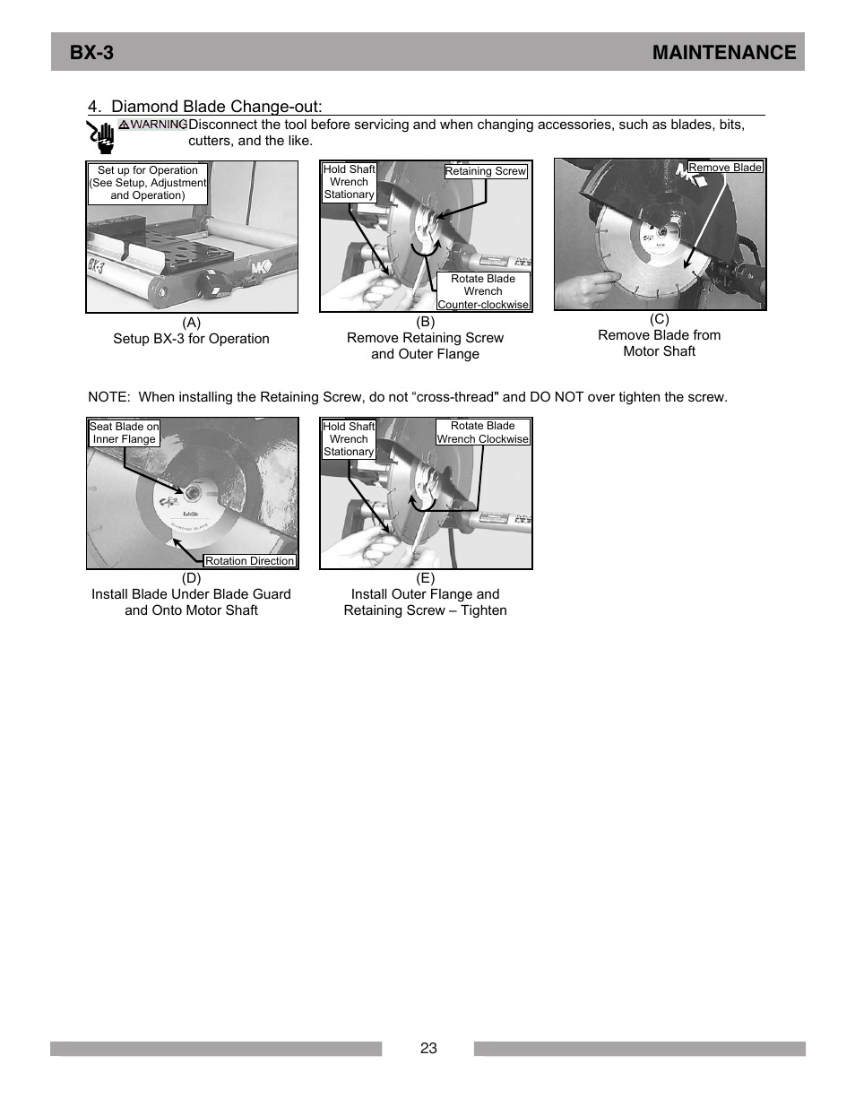 Bx-3 maintenance, Diamond blade change-out | MK Diamond BX-3 User Manual | Page 23 / 36