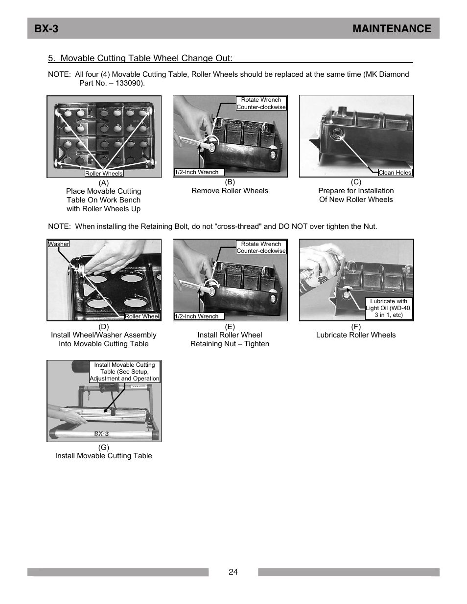 Bx-3 maintenance, Movable cutting table wheel change out | MK Diamond BX-3 User Manual | Page 24 / 36