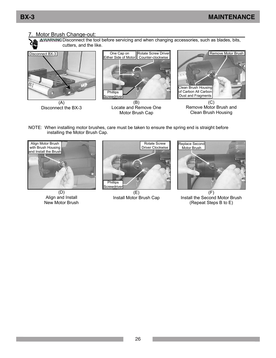 Bx-3 maintenance, Motor brush change-out | MK Diamond BX-3 User Manual | Page 26 / 36
