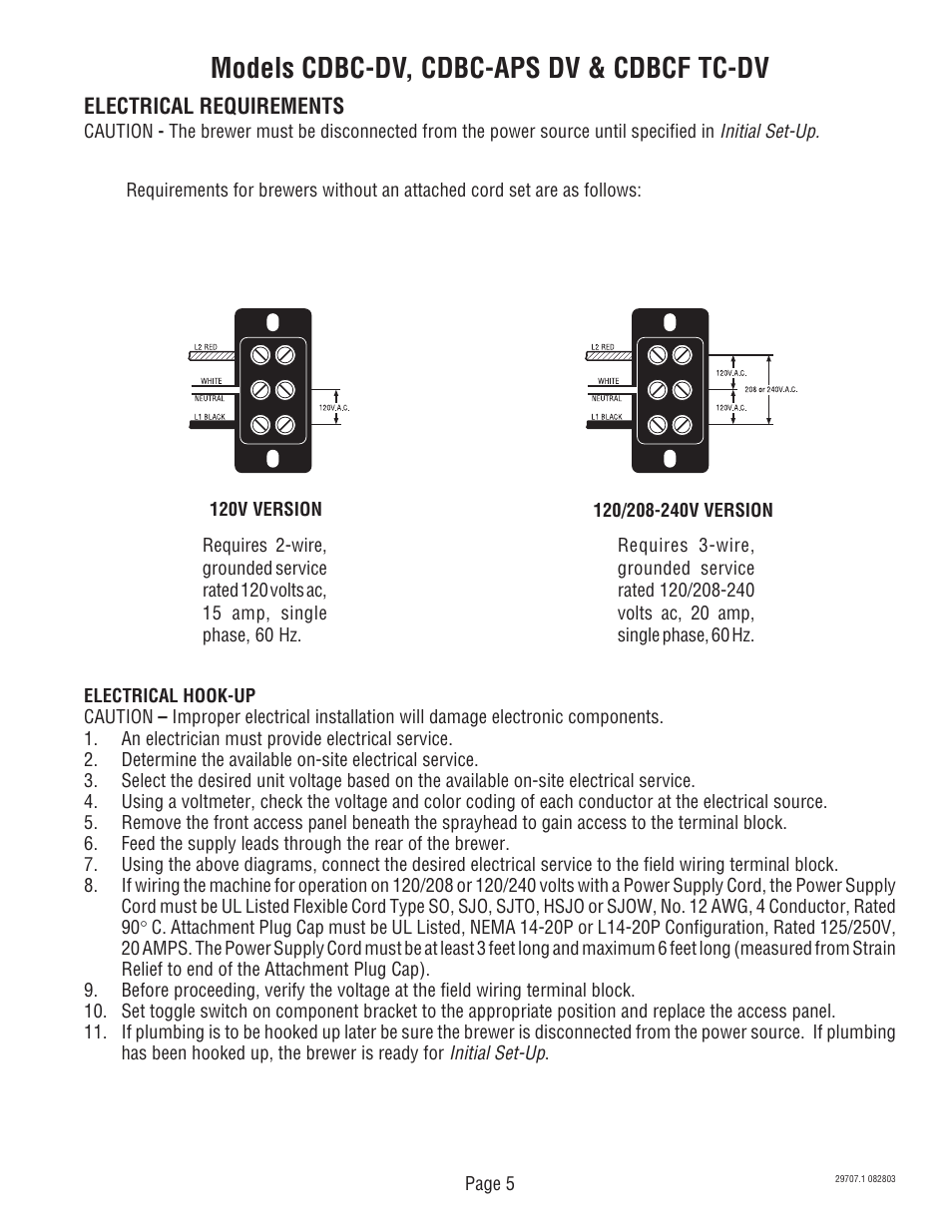 Models cdbc-dv, cdbc-aps dv & cdbcf tc-dv | Bunn Dual Voltage Models Starting at Serial #024477 CDBC User Manual | Page 5 / 32