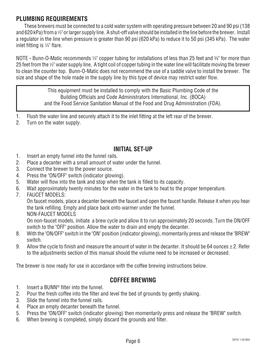 Initial set-up, Coffee brewing, Plumbing requirements | Bunn Dual Voltage Models Starting at Serial #024477 CDBC User Manual | Page 6 / 32
