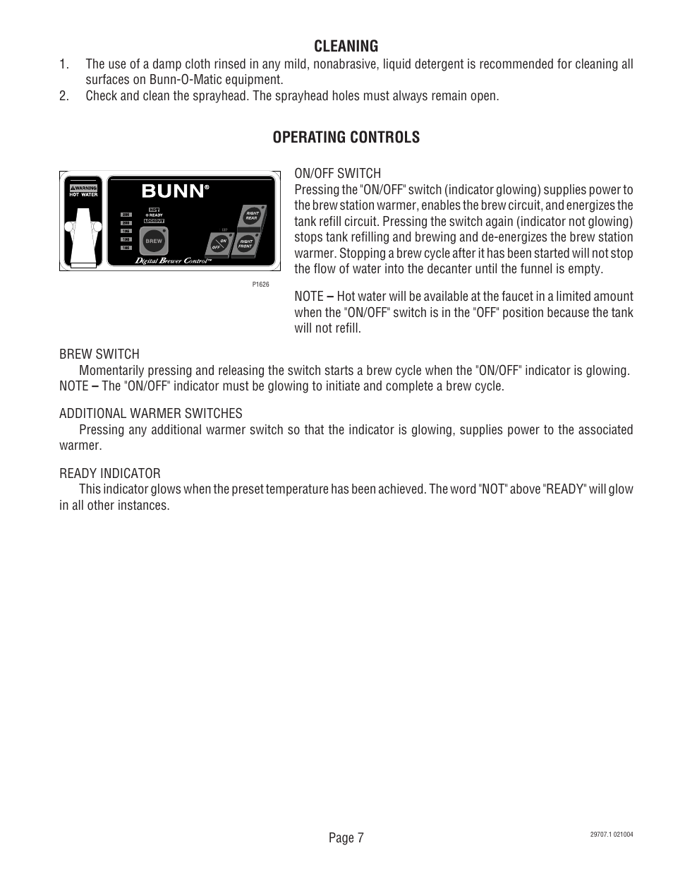 Operating controls, Cleaning | Bunn Dual Voltage Models Starting at Serial #024477 CDBC User Manual | Page 7 / 32