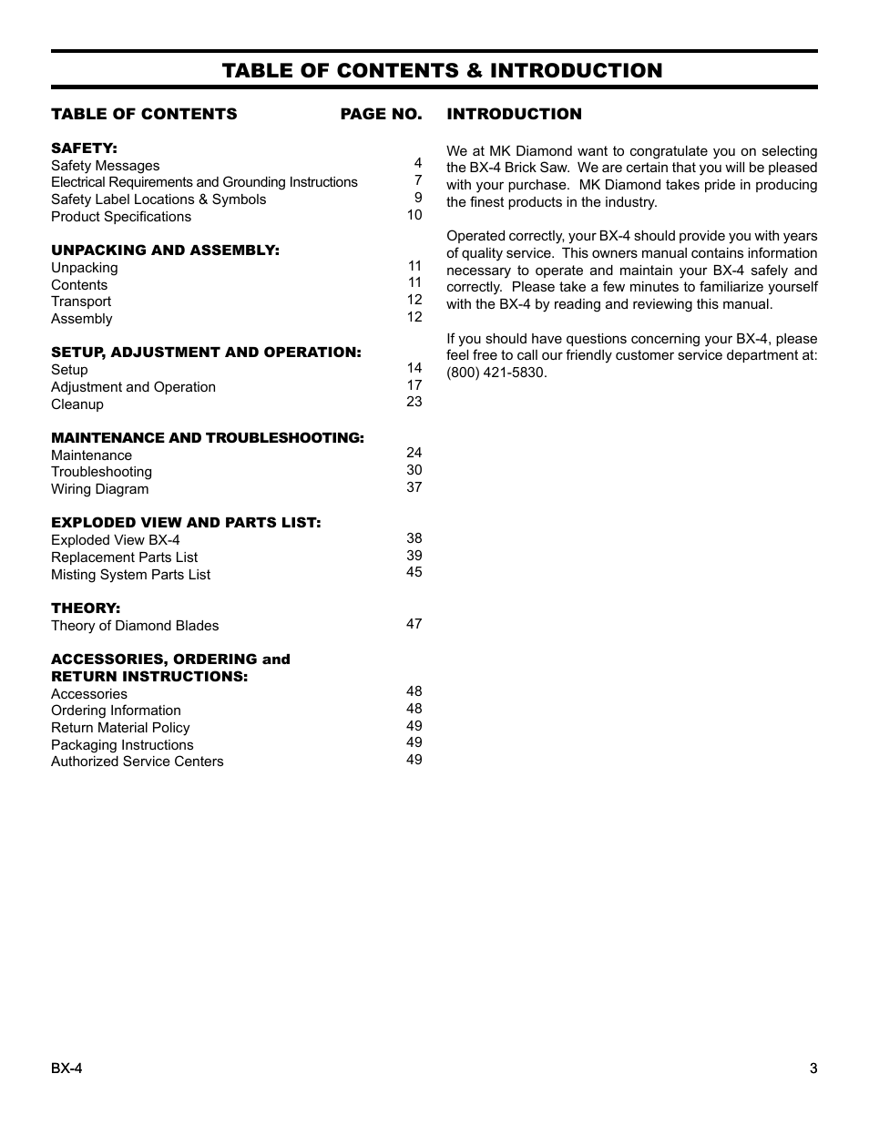 Table of contents & introduction | MK Diamond BX-4 User Manual | Page 3 / 50