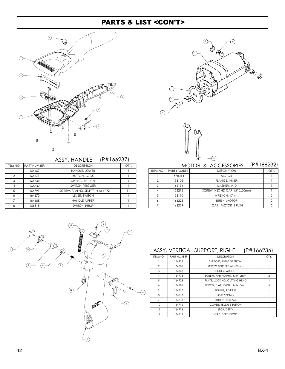 Parts & list <con’t, Assy, vertical support, right, Bx-4 42 | MK Diamond BX-4 User Manual | Page 42 / 50
