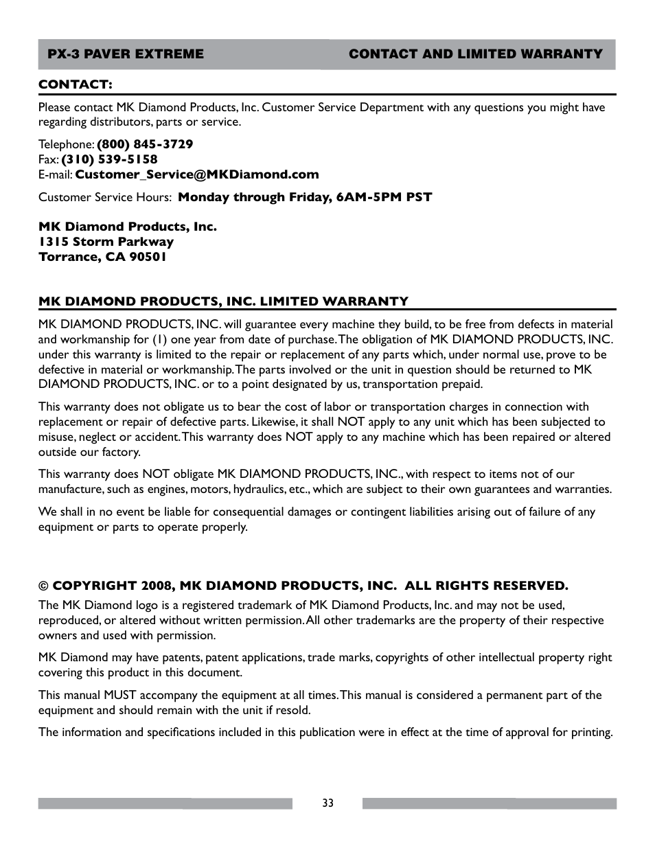 MK Diamond PX-3 User Manual | Page 33 / 34