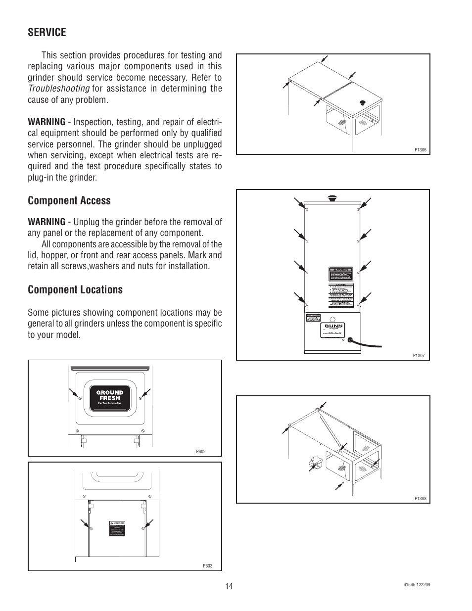 Service, Component access, Component locations | Bunn G9-2T DBC User Manual | Page 14 / 79