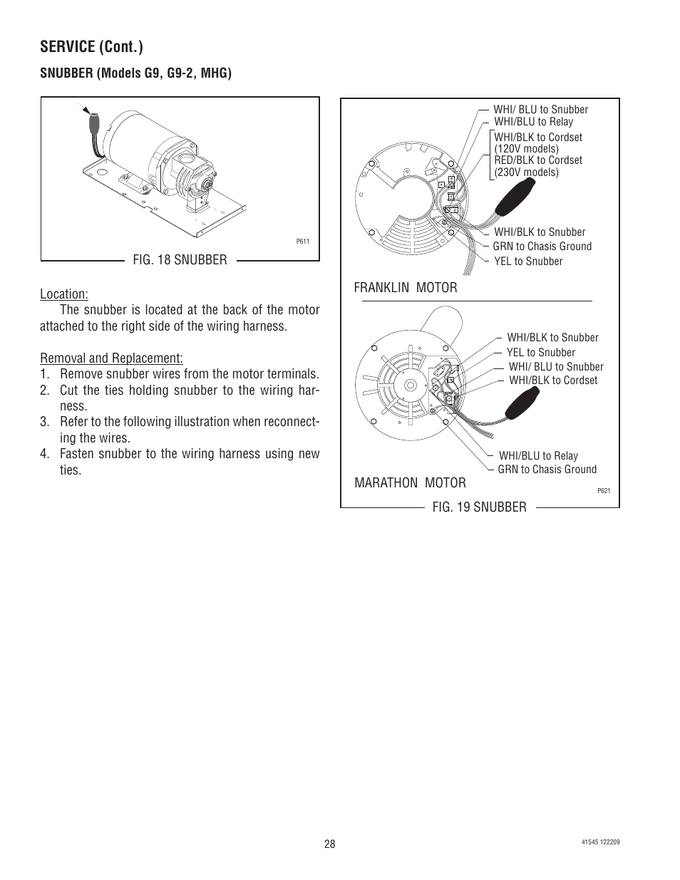 Service (cont.), Snubber (models g9, g9-2, mhg), Franklin motor marathon motor | Bunn G9-2T DBC User Manual | Page 28 / 79