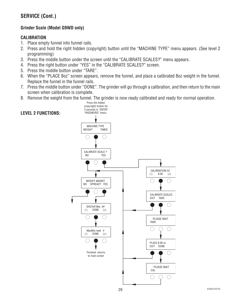 Service (cont.), Grinder scale (model g9wd only), Level 2 functions | Bunn G9-2T DBC User Manual | Page 29 / 79