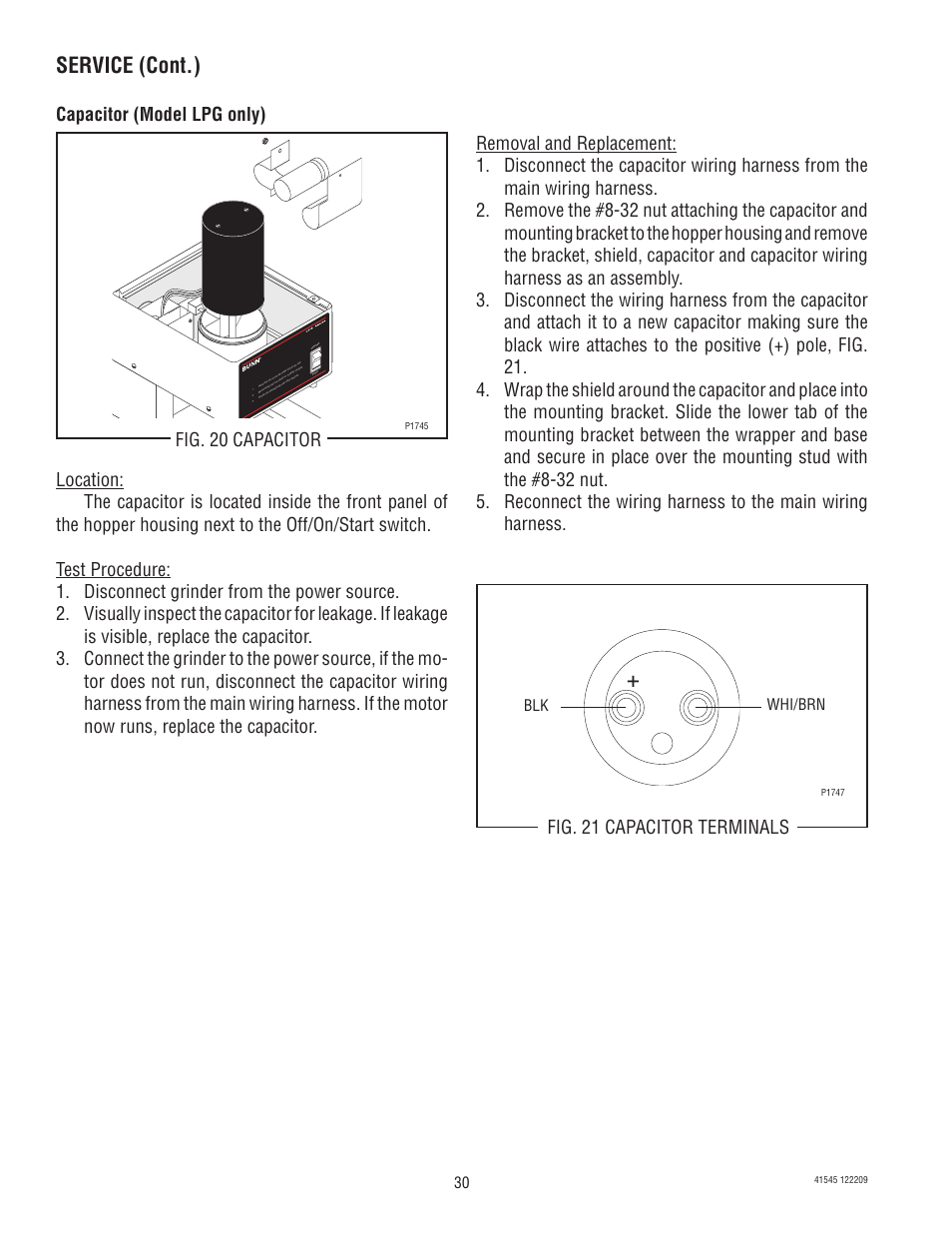 Service (cont.), Fig. 21 capacitor terminals, Blk whi/brn | Off /st op sta rt | Bunn G9-2T DBC User Manual | Page 30 / 79