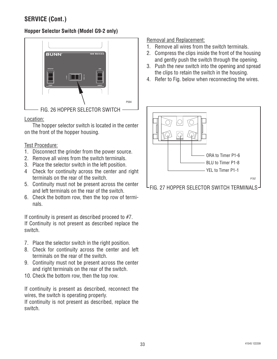 Service (cont.) | Bunn G9-2T DBC User Manual | Page 33 / 79