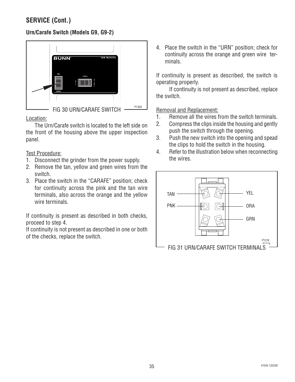 Service (cont.) | Bunn G9-2T DBC User Manual | Page 35 / 79