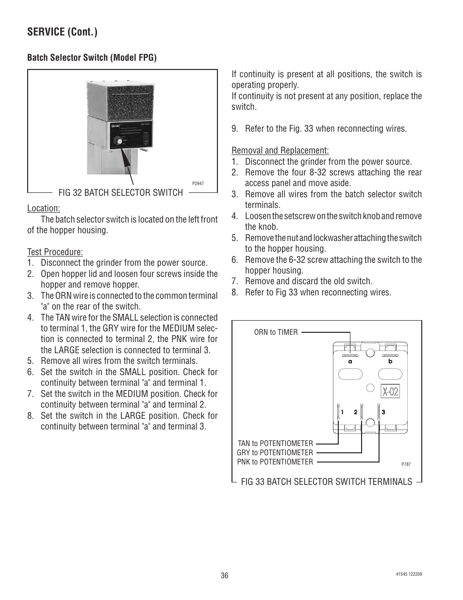 Service (cont.) | Bunn G9-2T DBC User Manual | Page 36 / 79