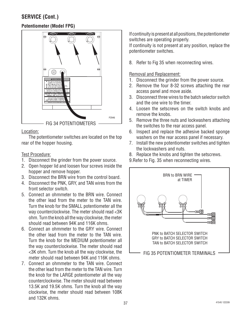 Service (cont.) | Bunn G9-2T DBC User Manual | Page 37 / 79