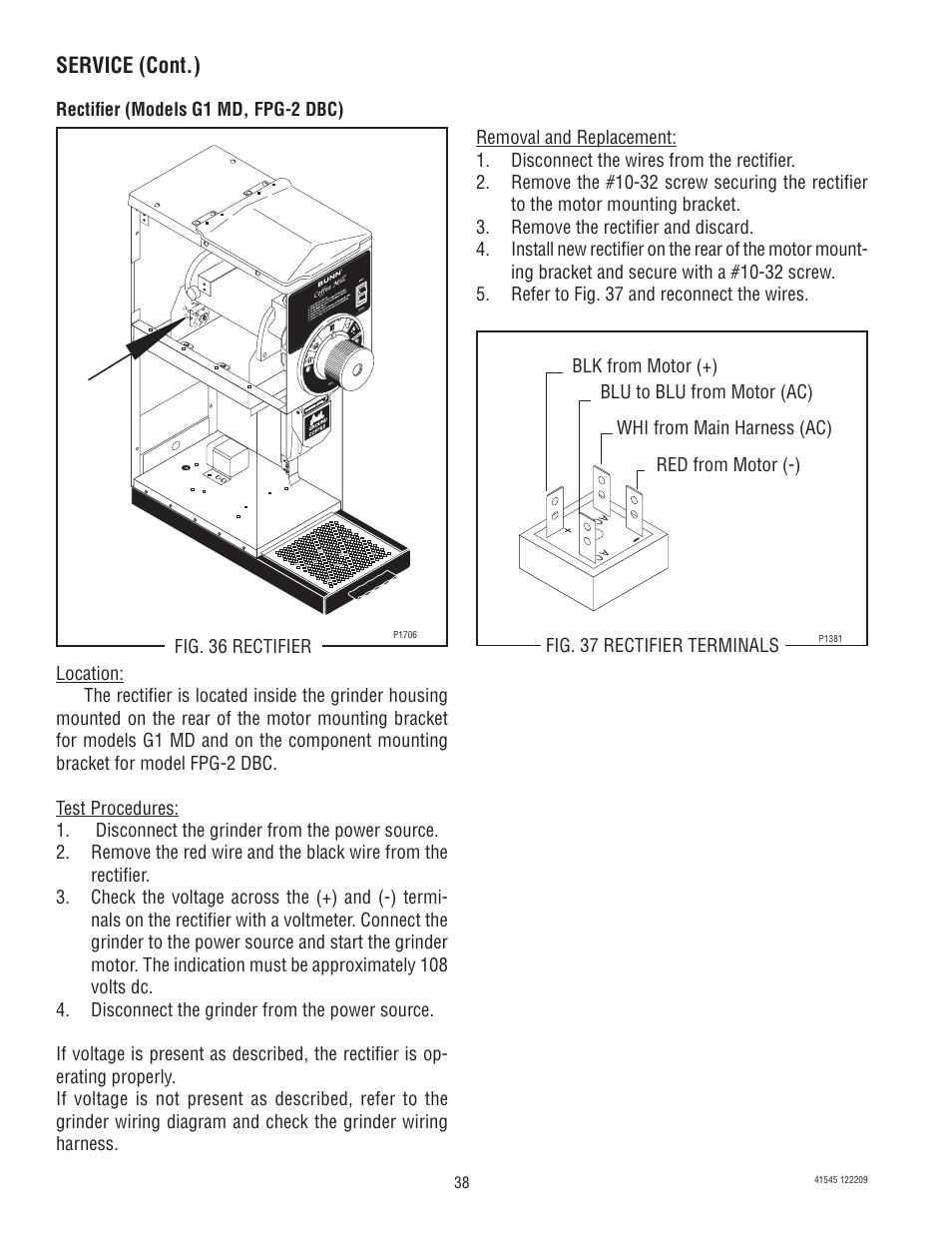 Service (cont.) | Bunn G9-2T DBC User Manual | Page 38 / 79