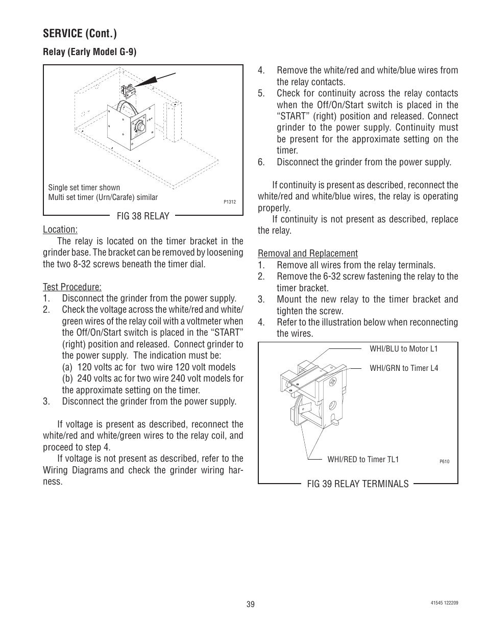 Service (cont.) | Bunn G9-2T DBC User Manual | Page 39 / 79