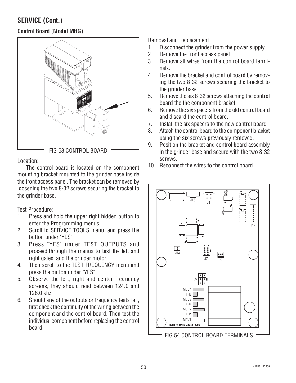 Service (cont.) | Bunn G9-2T DBC User Manual | Page 50 / 79