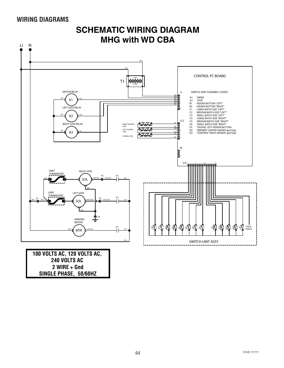 Schematic wiring diagram mhg with wd cba, Wiring diagrams, Li n | Switch unit assy, Control pc board | Bunn G9-2T DBC User Manual | Page 64 / 79