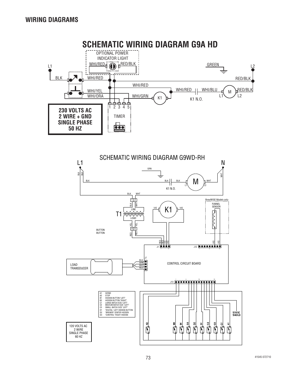 Schematic wiring diagram g9a hd, Wiring diagrams, L1 n | Schematic wiring diagram g9wd-rh, L1 l2 green k1 n.o | Bunn G9-2T DBC User Manual | Page 73 / 79