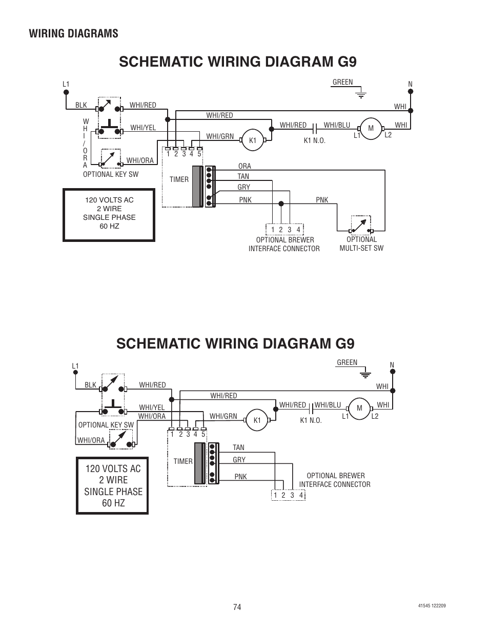 Schematic wiring diagram g9, Wiring diagrams | Bunn G9-2T DBC User Manual | Page 74 / 79