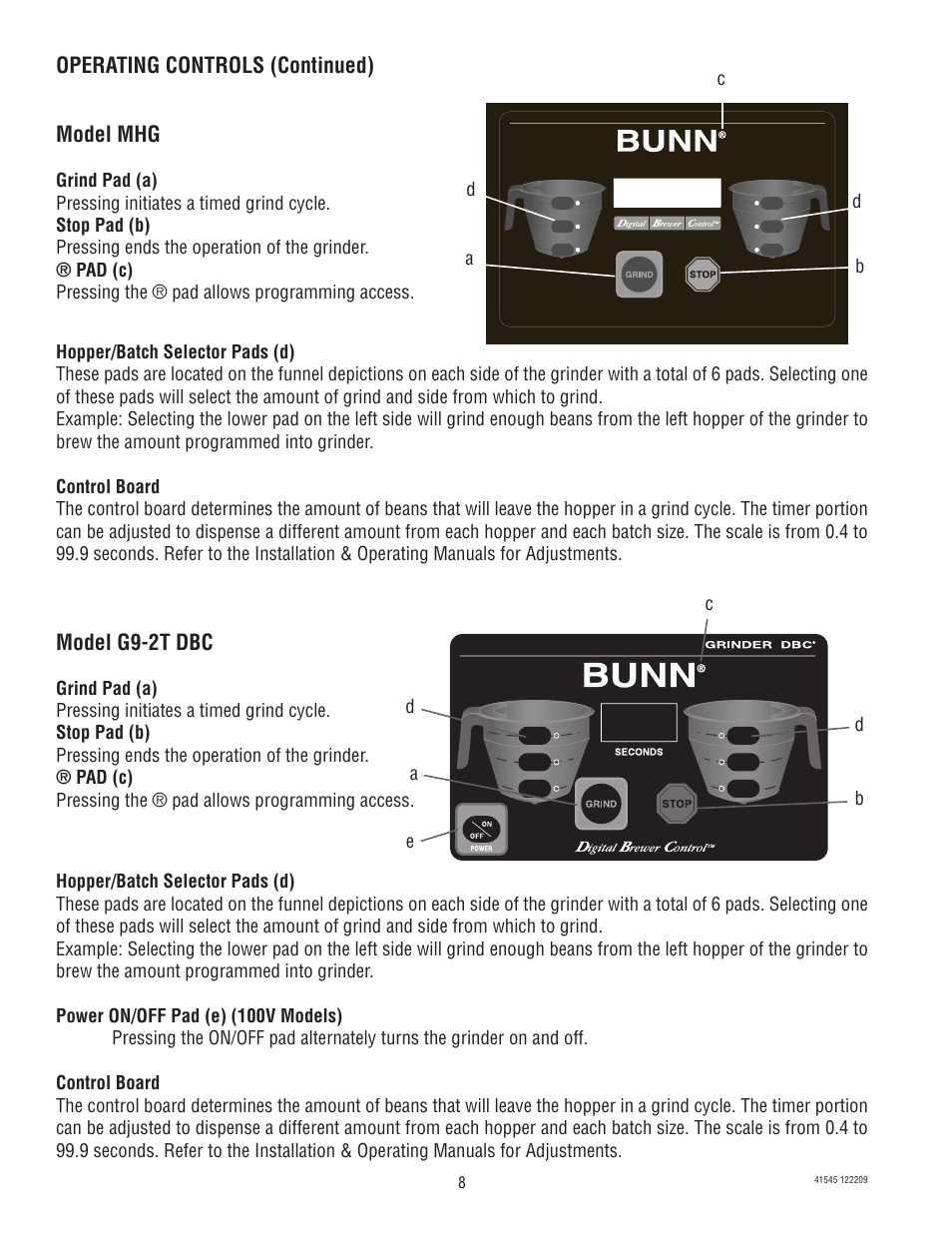 Model g9-2t dbc, Operating controls (continued), Model mhg | Bunn G9-2T DBC User Manual | Page 8 / 79