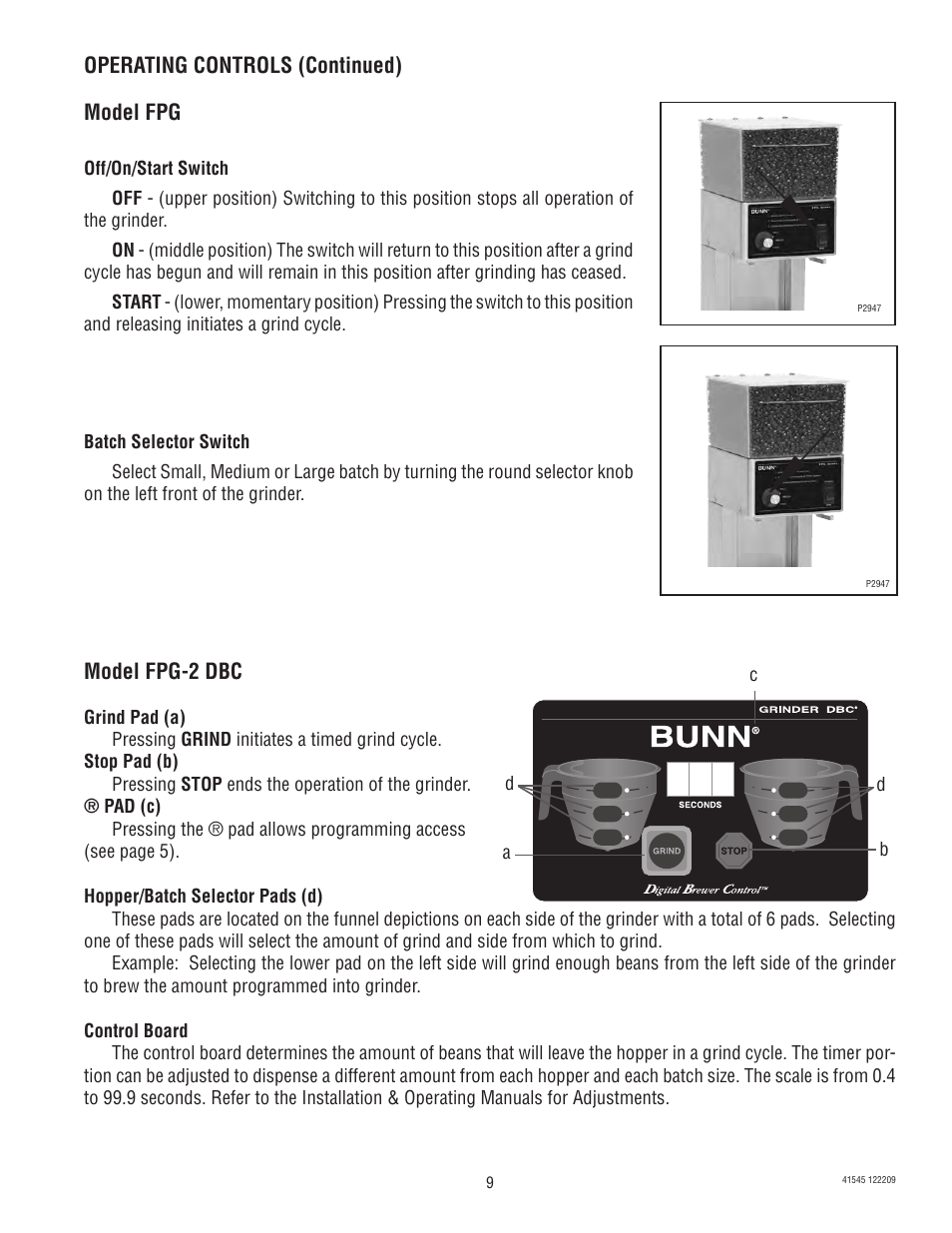 Operating controls (continued), Model fpg, Model fpg-2 dbc | Bunn G9-2T DBC User Manual | Page 9 / 79