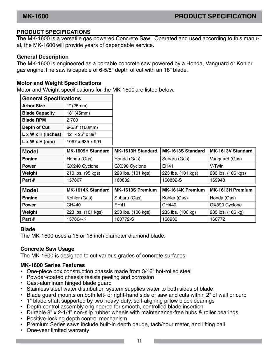 Mk-1600, Product specification | MK Diamond MK-1600 Series User Manual | Page 11 / 44