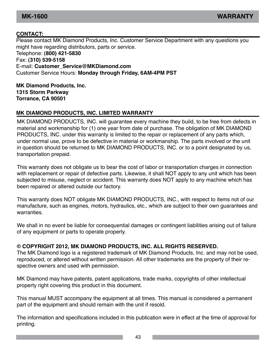 MK Diamond MK-1600 Series User Manual | Page 43 / 44