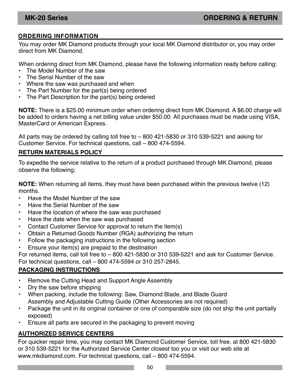 MK Diamond MK-20 Series User Manual | Page 50 / 52