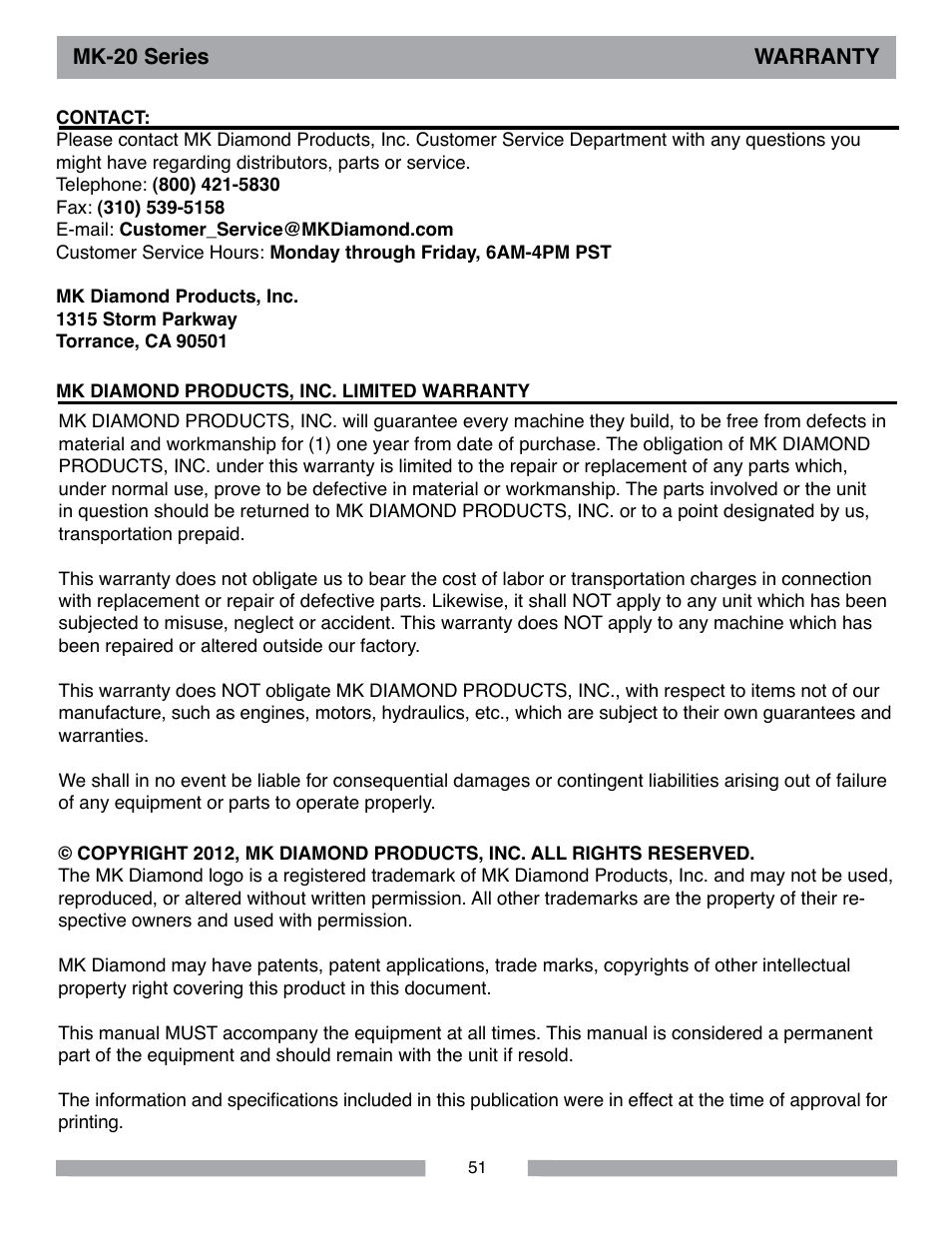 MK Diamond MK-20 Series User Manual | Page 51 / 52