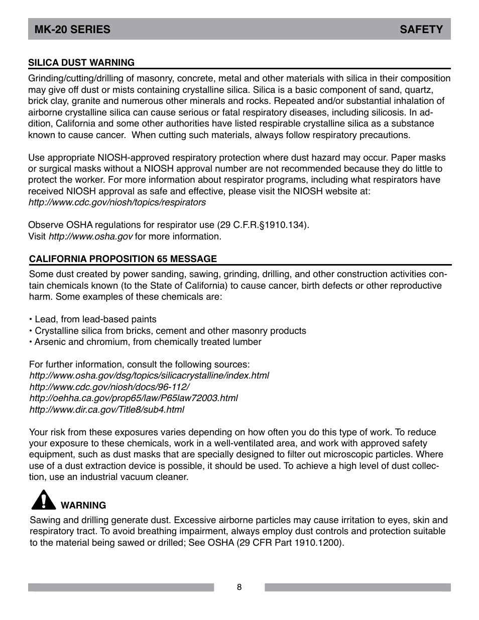 Mk-20 series safety | MK Diamond MK-20 Series User Manual | Page 8 / 52