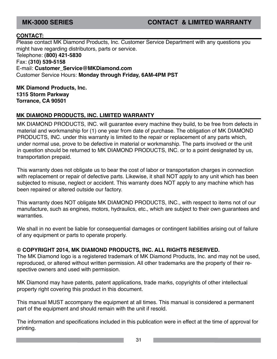 MK Diamond MK-3000 Series User Manual | Page 31 / 32
