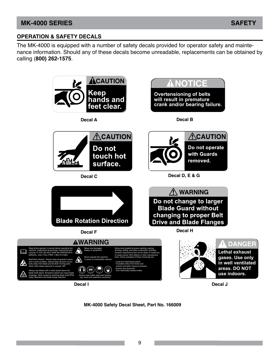 Notice, Keep hands and feet clear, Danger | Mk-4000 series safety, Warning, Caution, Operation & safety decals | MK Diamond MK-4000 Series User Manual | Page 9 / 32