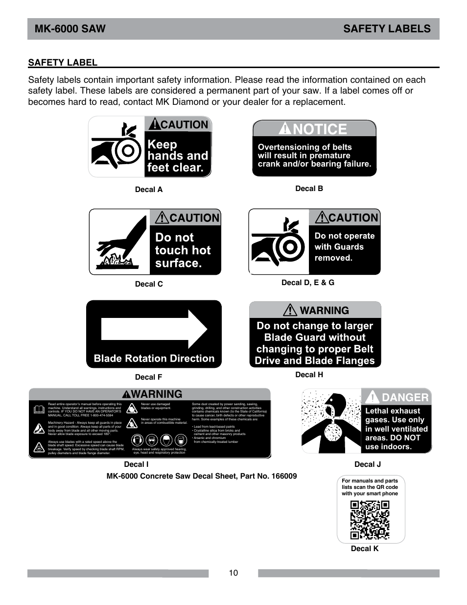 Notice, Keep hands and feet clear, Danger | Warning, Caution, Mk-6000 saw safety labels | MK Diamond MK-6000 Series User Manual | Page 10 / 36