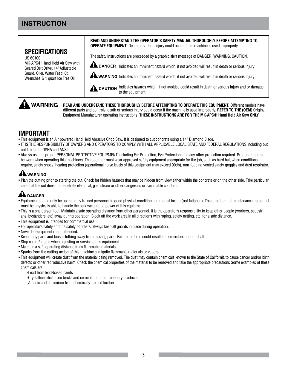 Instruction specifications, Important | MK Diamond MK-APC-H User Manual | Page 3 / 8