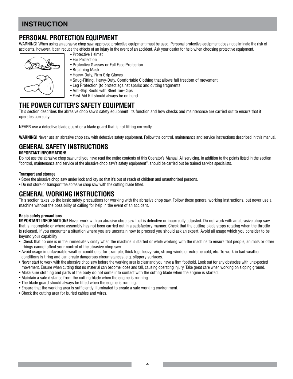 Instruction personal protection equipment, The power cutter's safety equipment, General safety instructions | General working instructions | MK Diamond MK-APC-H User Manual | Page 4 / 8