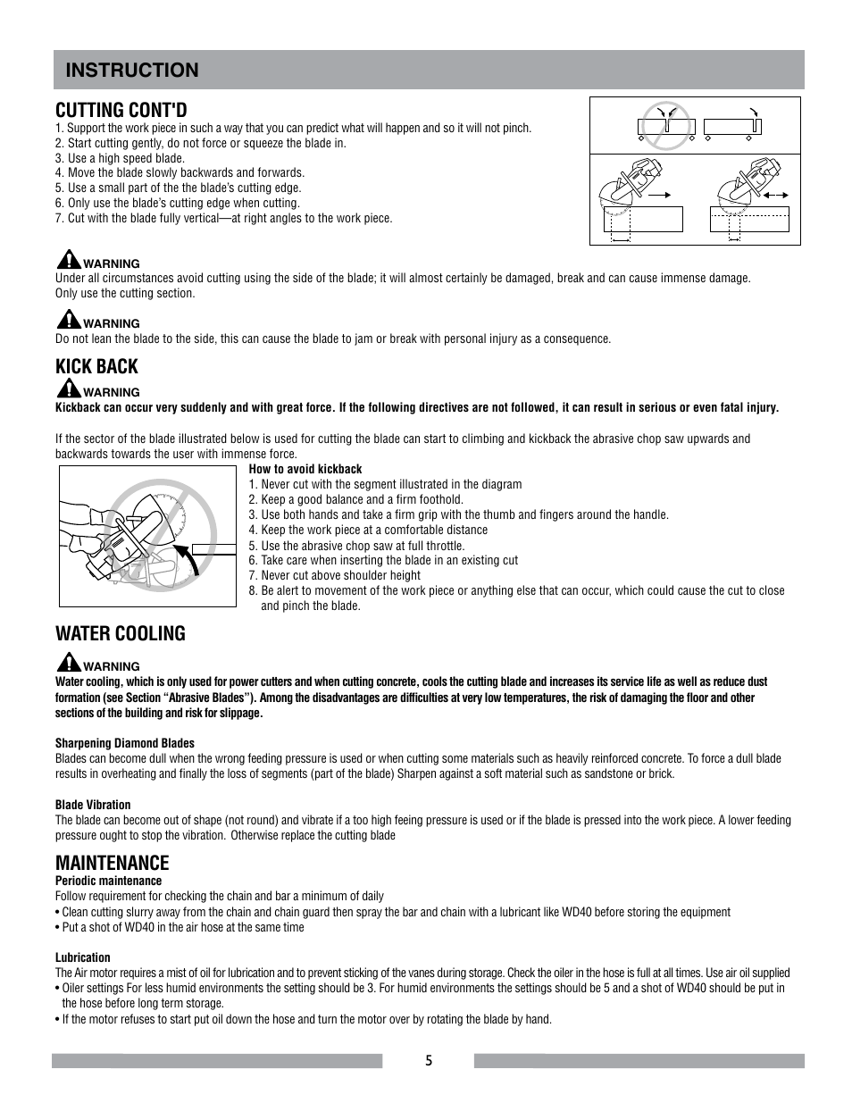Instruction cutting cont'd, Kick back, Water cooling | Maintenance | MK Diamond MK-APC-H User Manual | Page 5 / 8