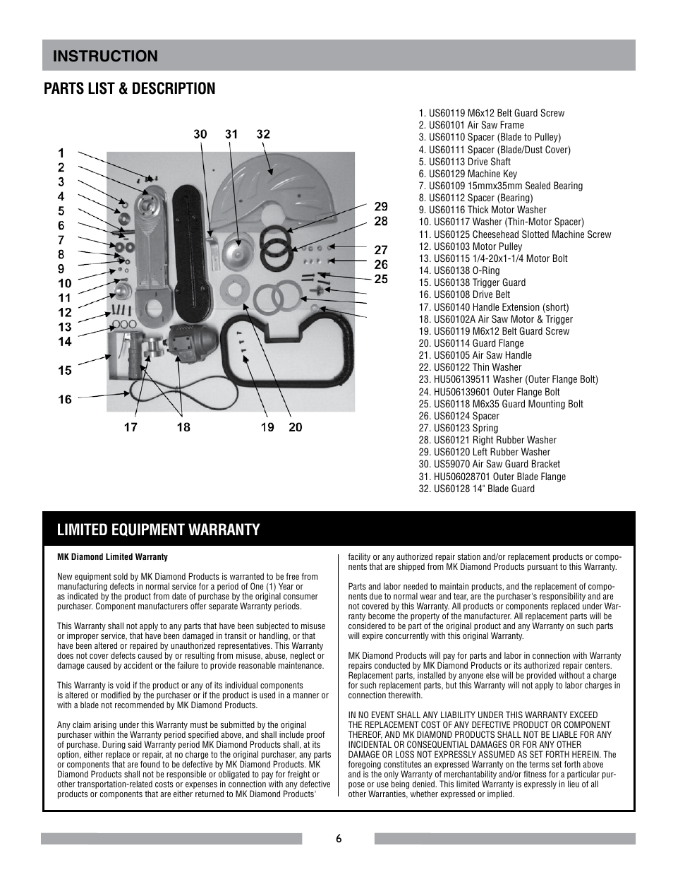 Instruction parts list & description, Limited equipment warranty | MK Diamond MK-APC-H User Manual | Page 6 / 8