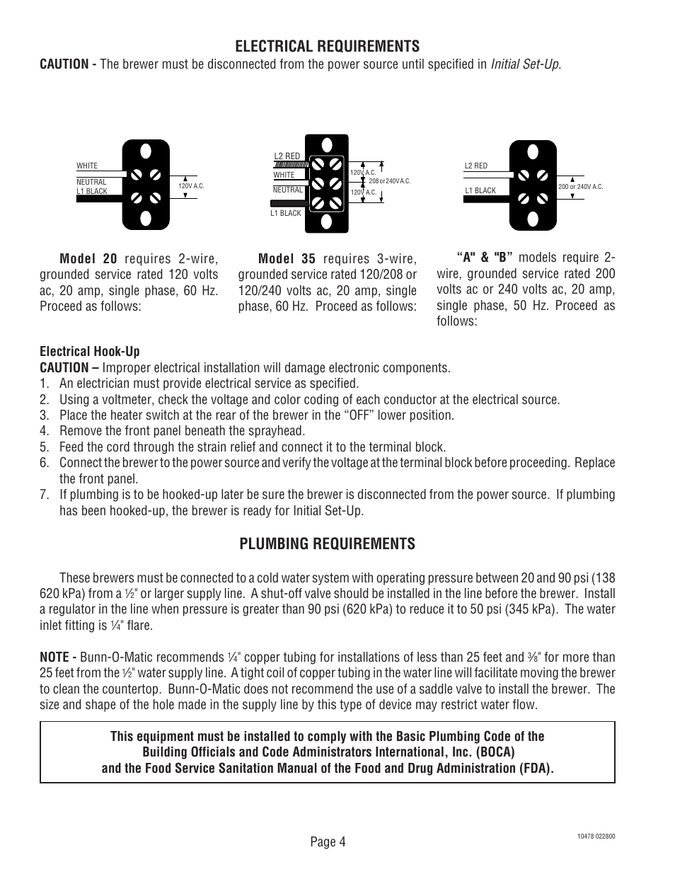 Electrical requirements, Plumbing requirements, Initial set-up | Bunn CRTF5 User Manual | Page 4 / 32