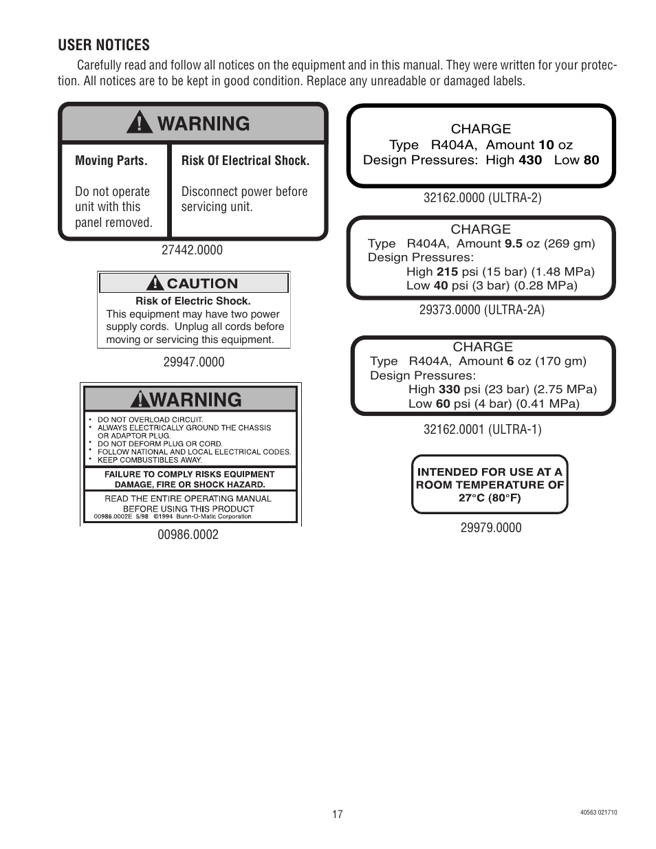 User notices | Bunn ULTRA-1 User Manual | Page 17 / 17